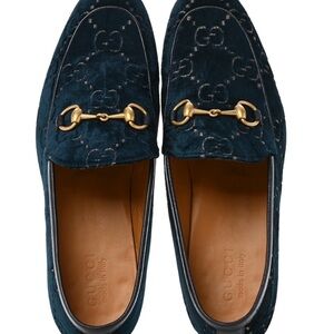 Gucci Men's Dark Blue Loafers with Gold Detail